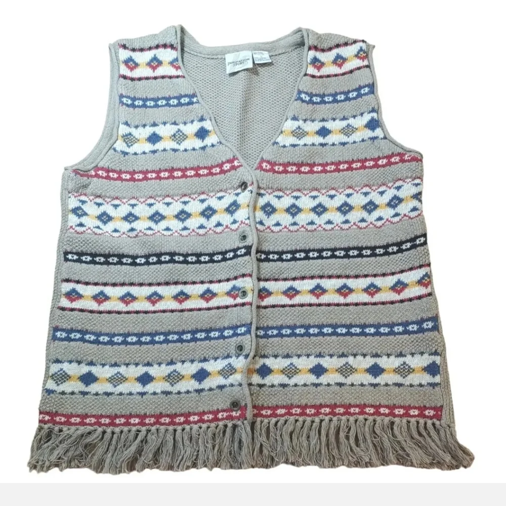 Vtg Boho Fringed Shirt Vest Aztec Southwestern Eclectic Granpa Tribal Button Lg